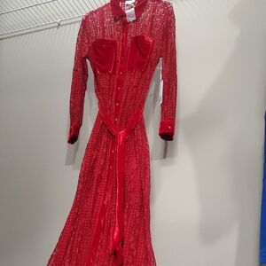 Unique Vintage Red Velvet & Lace Long Sleeve Maxi Dress